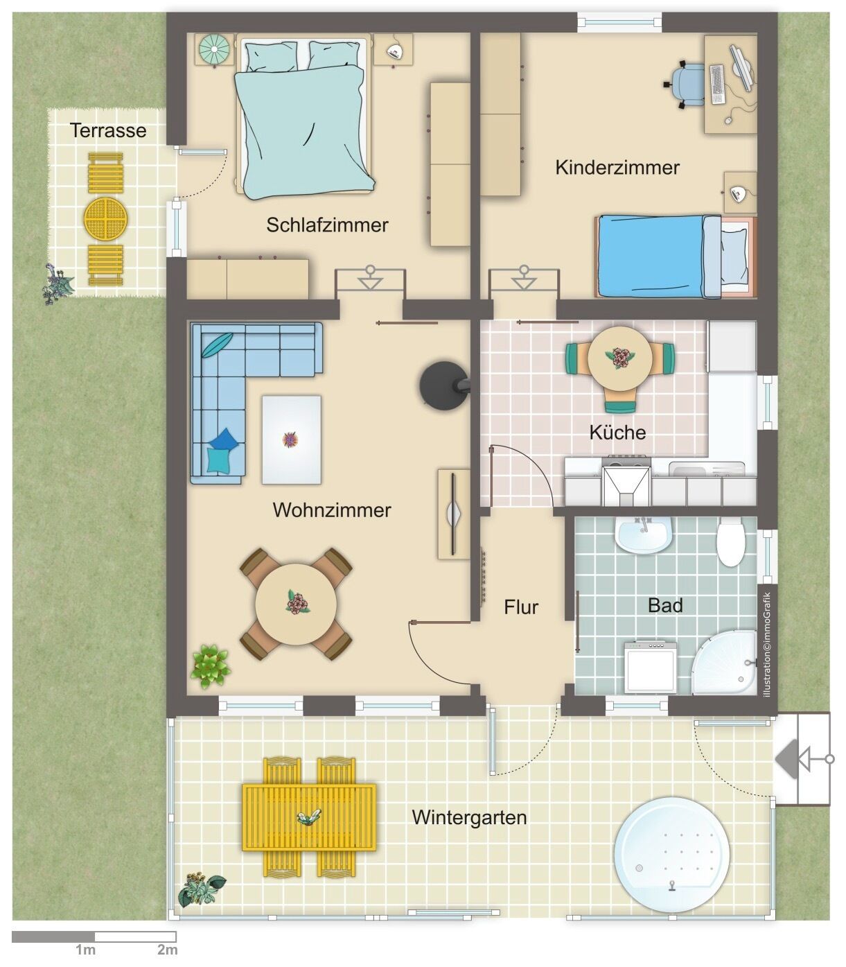 Een plattegrond van een huis met een terras, woonkamer, keuken, badkamer, kinderkamer en een wintertuin.