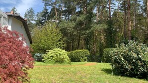 A residential property with a well-maintained lawn, a variety of trees, and a house with a visible chimney. - Ferienhaus in Herzwolde für 4+2 Personen (Wokuhl-Dabelow)