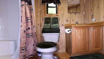 A compact wooden cabin bathroom with a toilet, a shower, and a small sink.