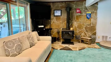 Smart TV, chimenea, reproductor de DVD y videoteca
