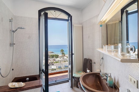 Shower, hair dryer, towels. Apartment 'Wonderful Flat By Sea Chez Monique' with Sea View, Private Terrace and Wi-Fi
