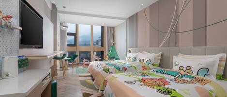 Una habitación de hotel con una cama grande, un escritorio, una silla, un televisor y una ventana con vistas.