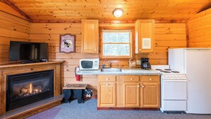 A cozy cabin-style kitchen with wooden walls, a fireplace, a microwave, a sink, and a stove. - Perfect for Couples, Pet Friendly, Bear Theme, Log Cabin, Fireplace (Mountain)