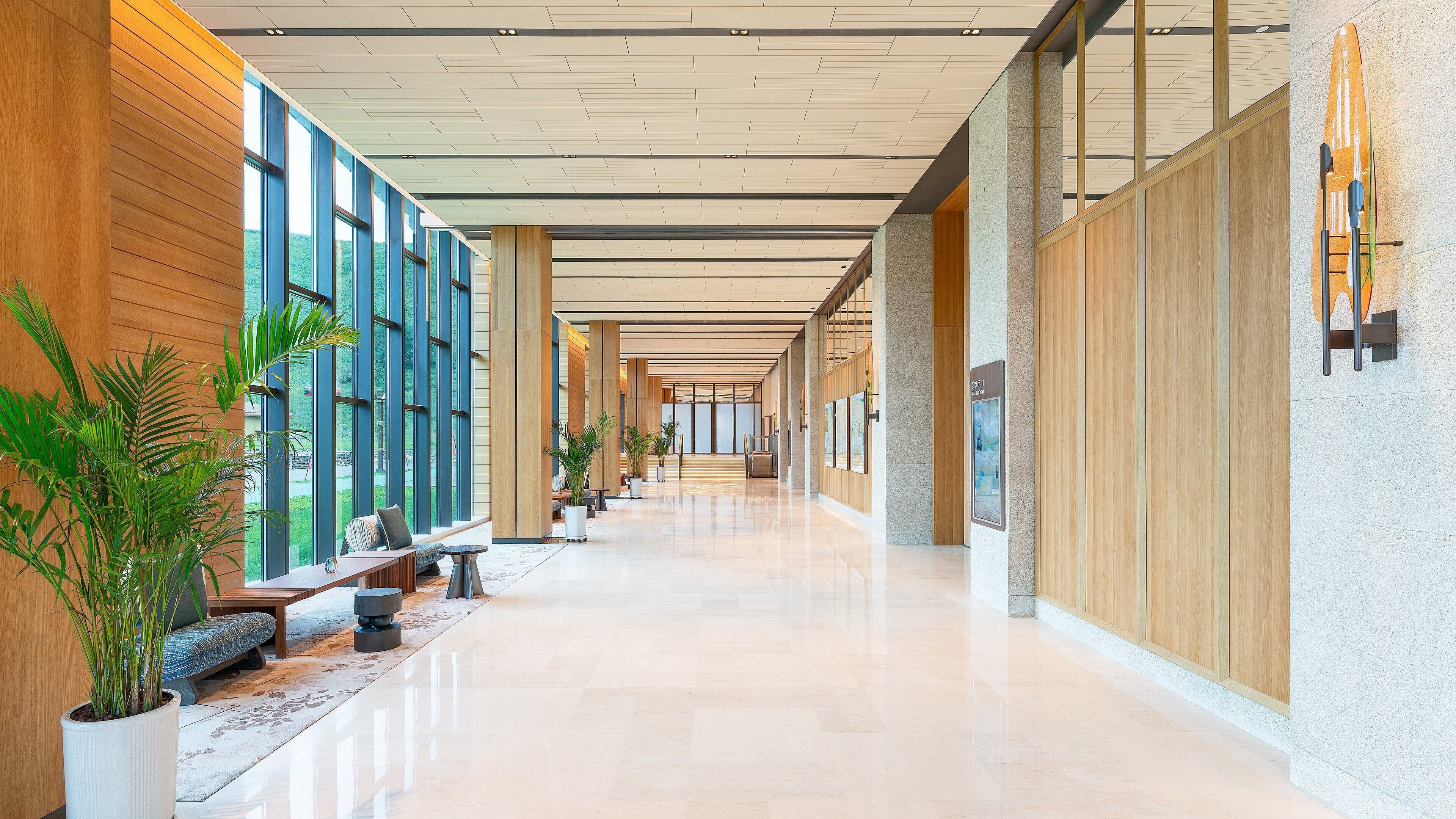 Un lobby de hotel moderno con un largo pasillo, paneles de madera, ventanas amplias y plantas en macetas.