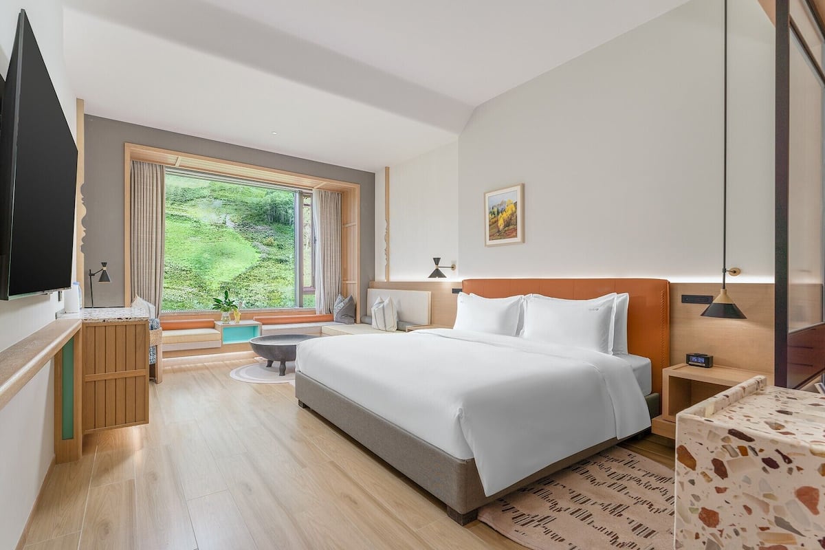 A modern hotel room with a large bed, a TV, a desk, and a view of greenery.