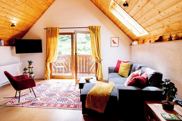 Smart TV, fireplace, books