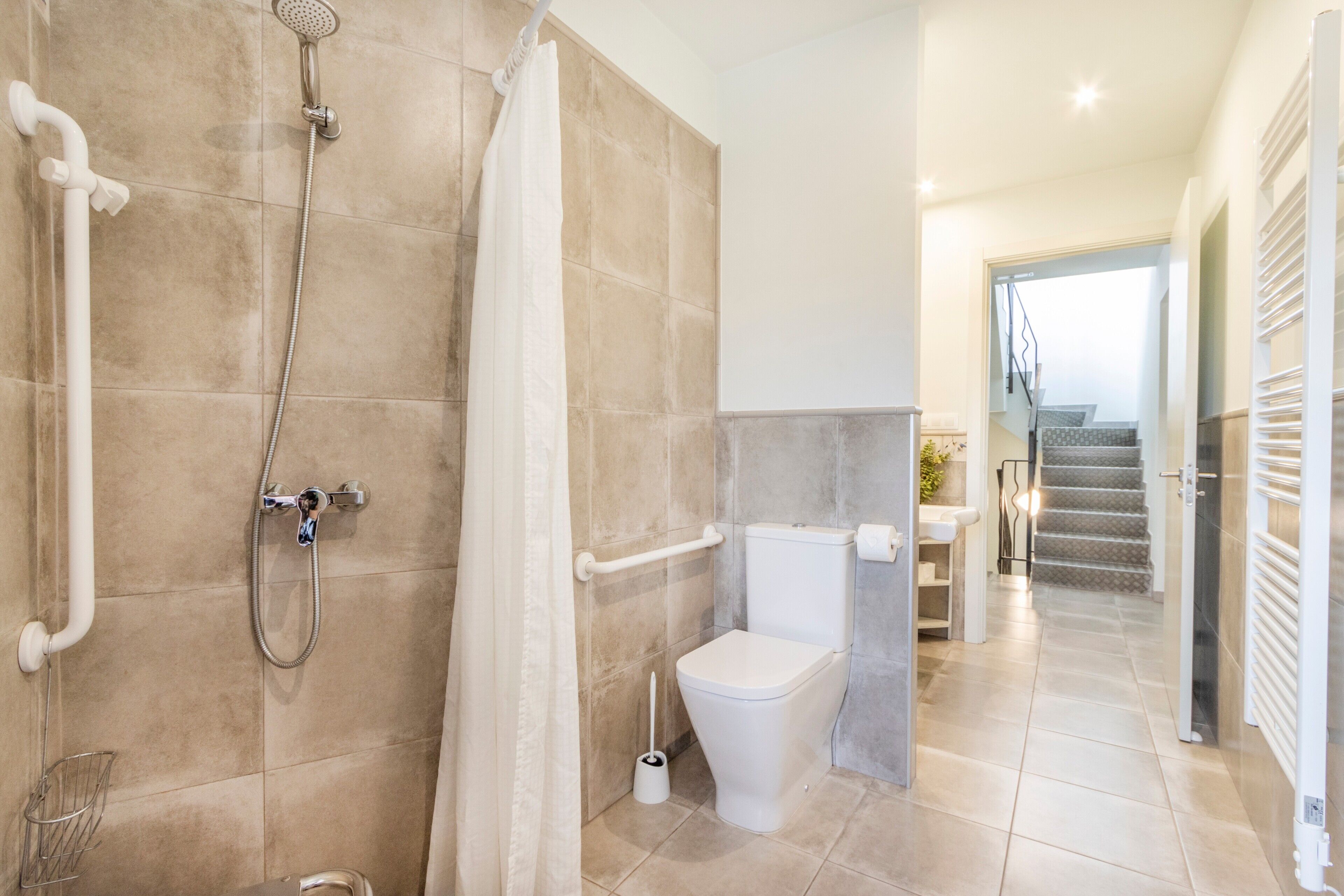 A bathroom with a shower, toilet, and a handrail.