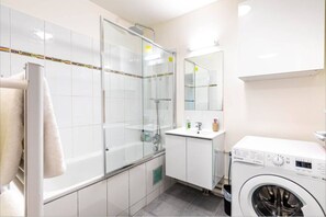 Hair dryer, towels, soap, toilet paper
