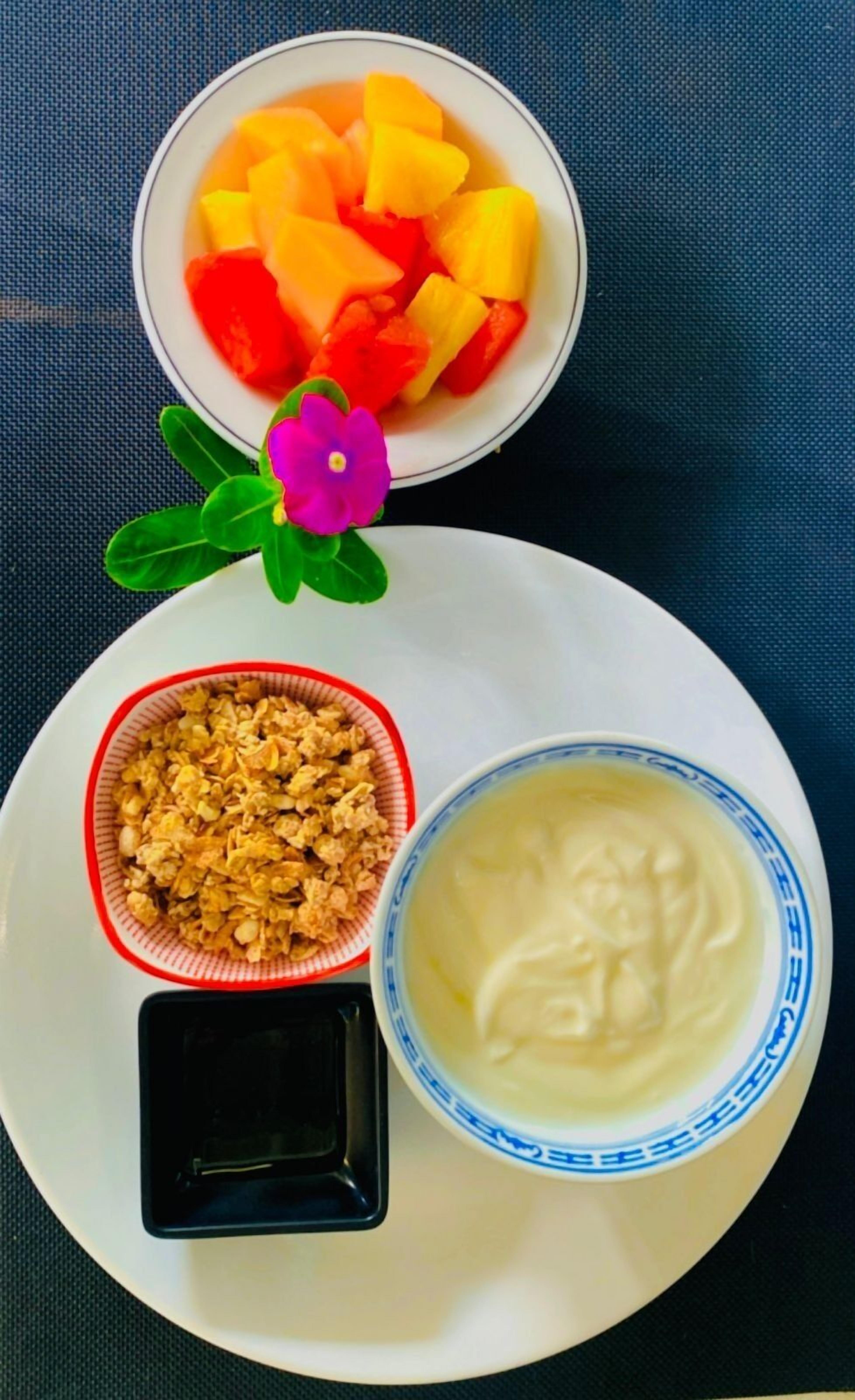 A plate with a bowl of yogurt, a bowl of fruit, and a bowl of cereal.