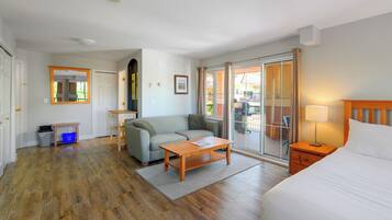 Panoramic Studio, 1 Queen Bed with Sofa bed, Refrigerator & Microwave, Courtyard View | Living area | 42-inch TV with cable channels, fireplace