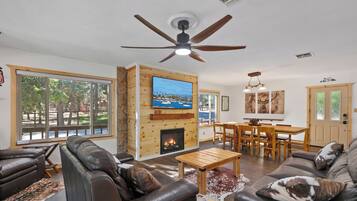 Smart TV, fireplace, books