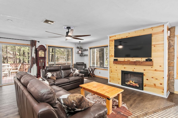 Smart TV, fireplace, video games, foosball