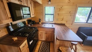 Cocina compacta con armarios de madera, estufa negra, microondas y un lavamanos. Hay ventanas que proporcionan luz natural y vistas al exterior.