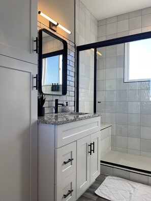 Shower, towels, soap, shampoo