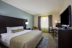 Une chambre d’hôtel avec un grand lit, un bureau, une télévision et une chaise.