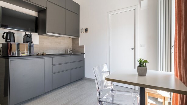 A modern kitchen with grey cabinets, a flat-screen TV, a coffee maker, and a small potted plant on the counter. - Appartamento vicino all'Orto Botanico by Wonderful Italy (Bologna)