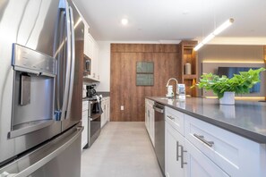 A modern kitchen with stainless steel appliances, a wooden accent wall, and a potted plant on the counter.
