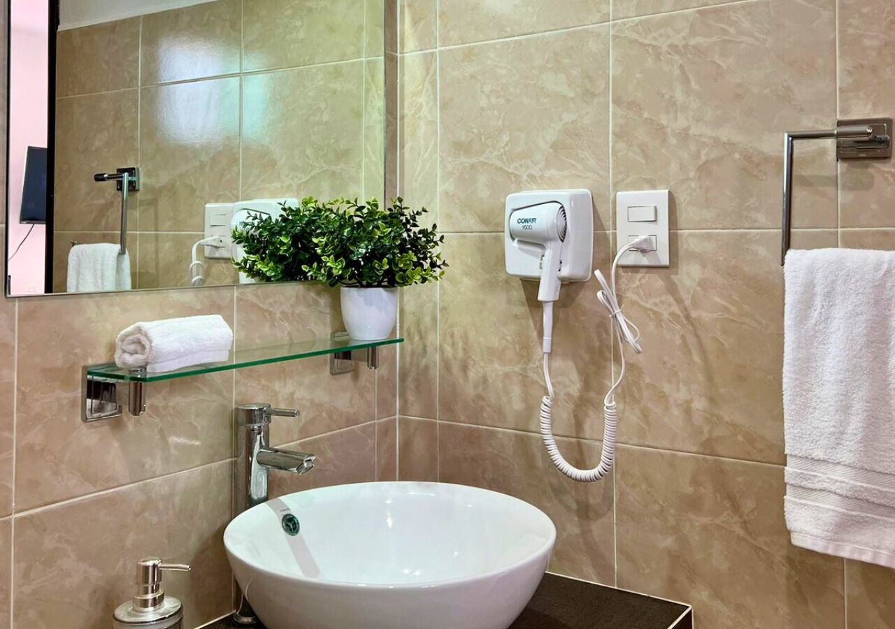 A modern bathroom with a white sink, a handheld showerhead, a glass shelf with a potted plant, and a towel rack.