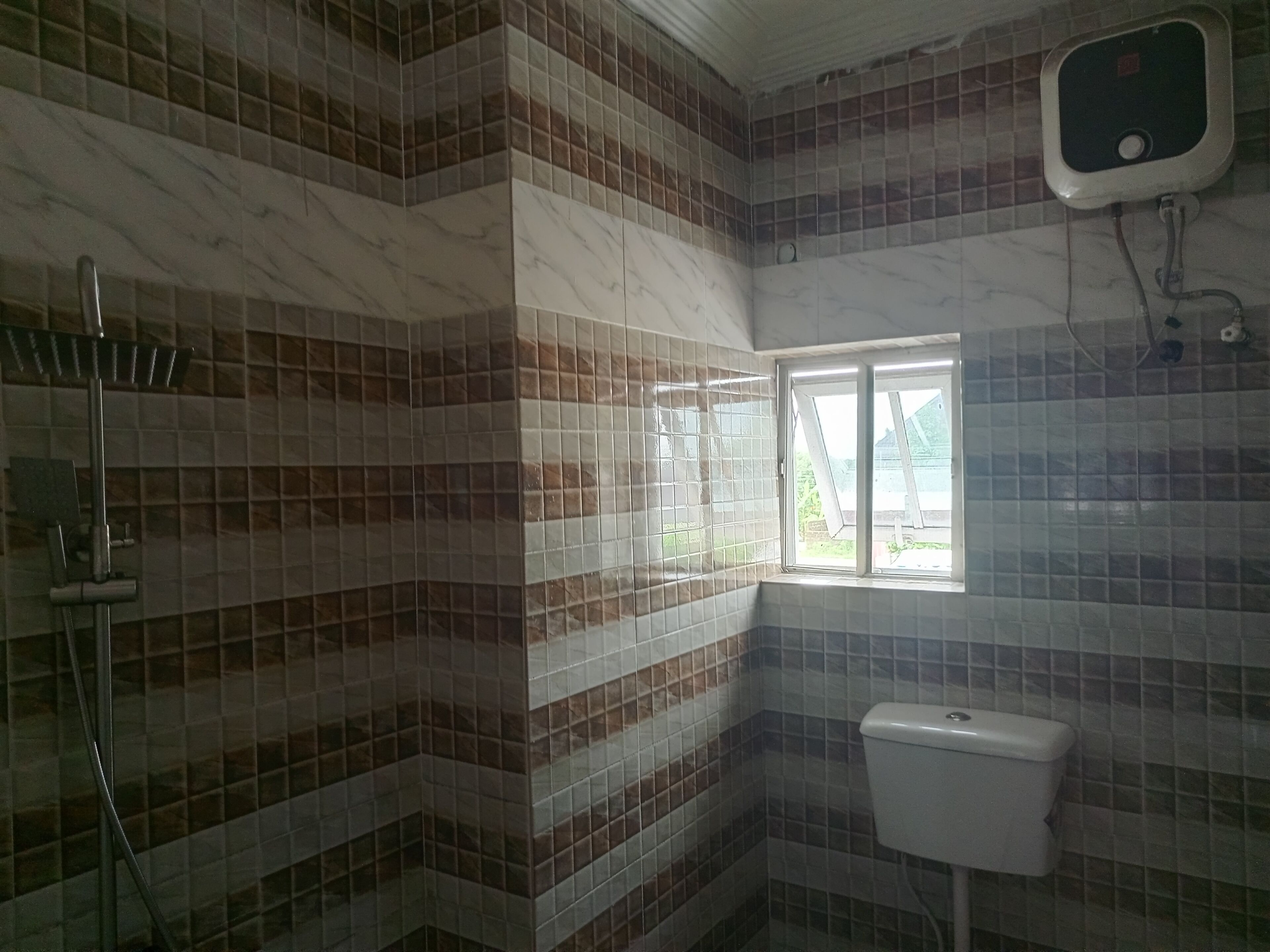 A bathroom with a toilet, a shower, and a window.