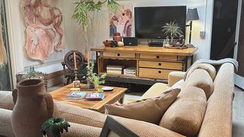 Smart TV, fireplace, video games, DVD player