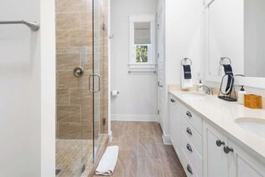 Shower, hair dryer, shampoo