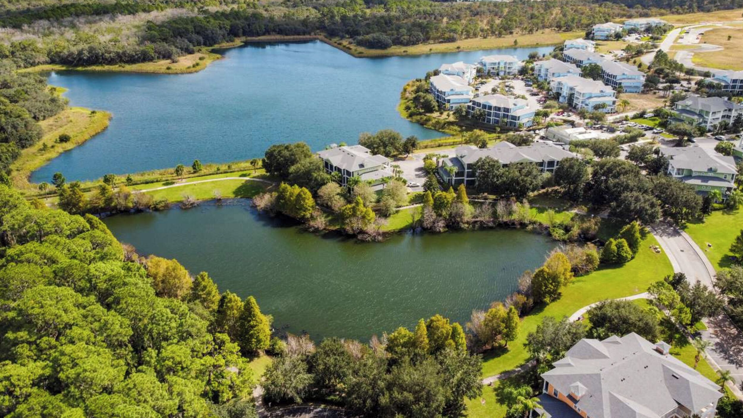 Un quartiere residenziale con un grande lago, circondato da una rigogliosa vegetazione e case moderne.