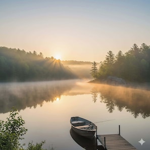 A calm lake at sunrise with a boat docked on the right side. - Ark Encounter 4BR 2 Living Rooms Sleeps 8 (Williamstown)