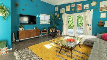 House, Multiple Beds, Pool Access, Pool View | Living area | Fireplace