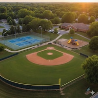 Un campo de béisbol con canchas de tenis y un parque infantil.