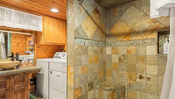 Cabin, 1 Queen Bed, Hot Tub, Garden View (Buck Bear Cozy Cabin) | Bathroom | Shower, hair dryer, towels