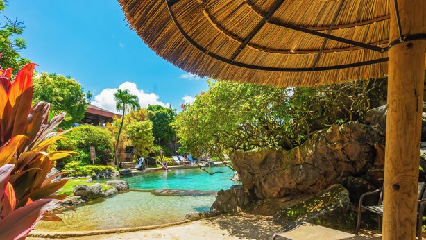 A pool area with lounge chairs, a thatched roof structure, and surrounding greenery. - (4102/03) 2Br Ground Floor Hanalei Bay Resort, Ocean View, Pool, Tennis (Princeville)
