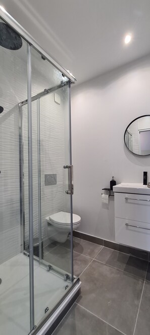 Shower, hair dryer, towels, soap