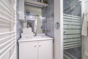 Shower, hair dryer, towels