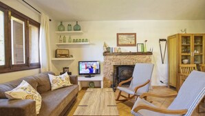 Un salon comprenant un canapé, une table basse, une cheminée, un téléviseur et une bibliothèque.