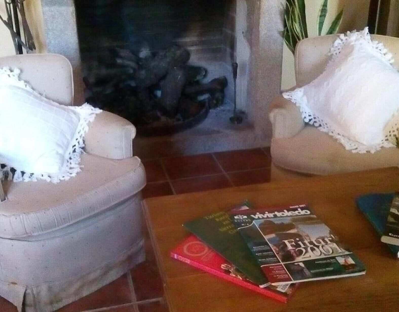 Un salon avec deux fauteuils, une table basse avec des magazines et une cheminée.
