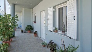 Un pasillo exterior cubierto con plantas en macetas, contraventanas blancas y suelo de baldosas.