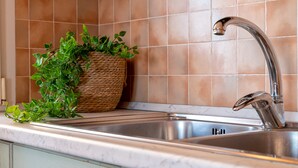 Een keuken met een spoelbak van roestvrij staal, een gevlochten mand met groene planten en een betegelde spatwand.