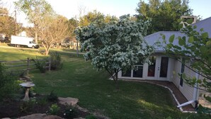 Un patio trasero residencial con una casa blanca, un árbol de flores blancas, un bebedero para pájaros y un sendero de piedra.