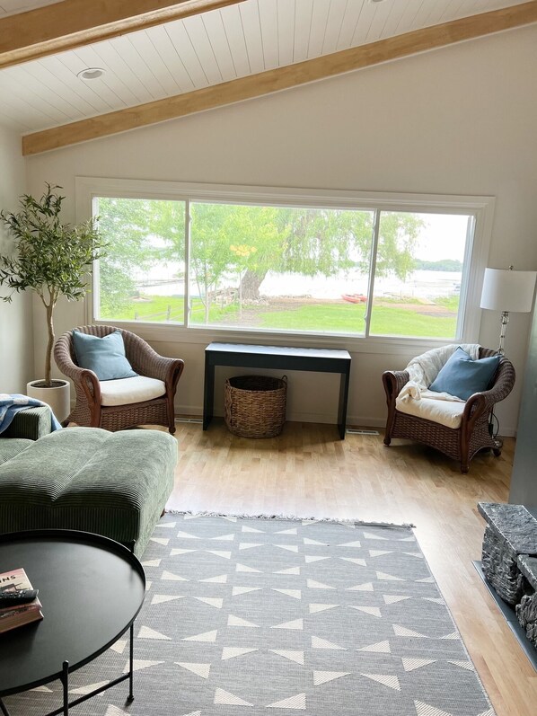 Smart TV, fireplace, books