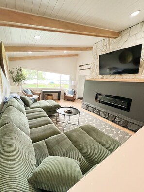 TV connectée, cheminée, livres