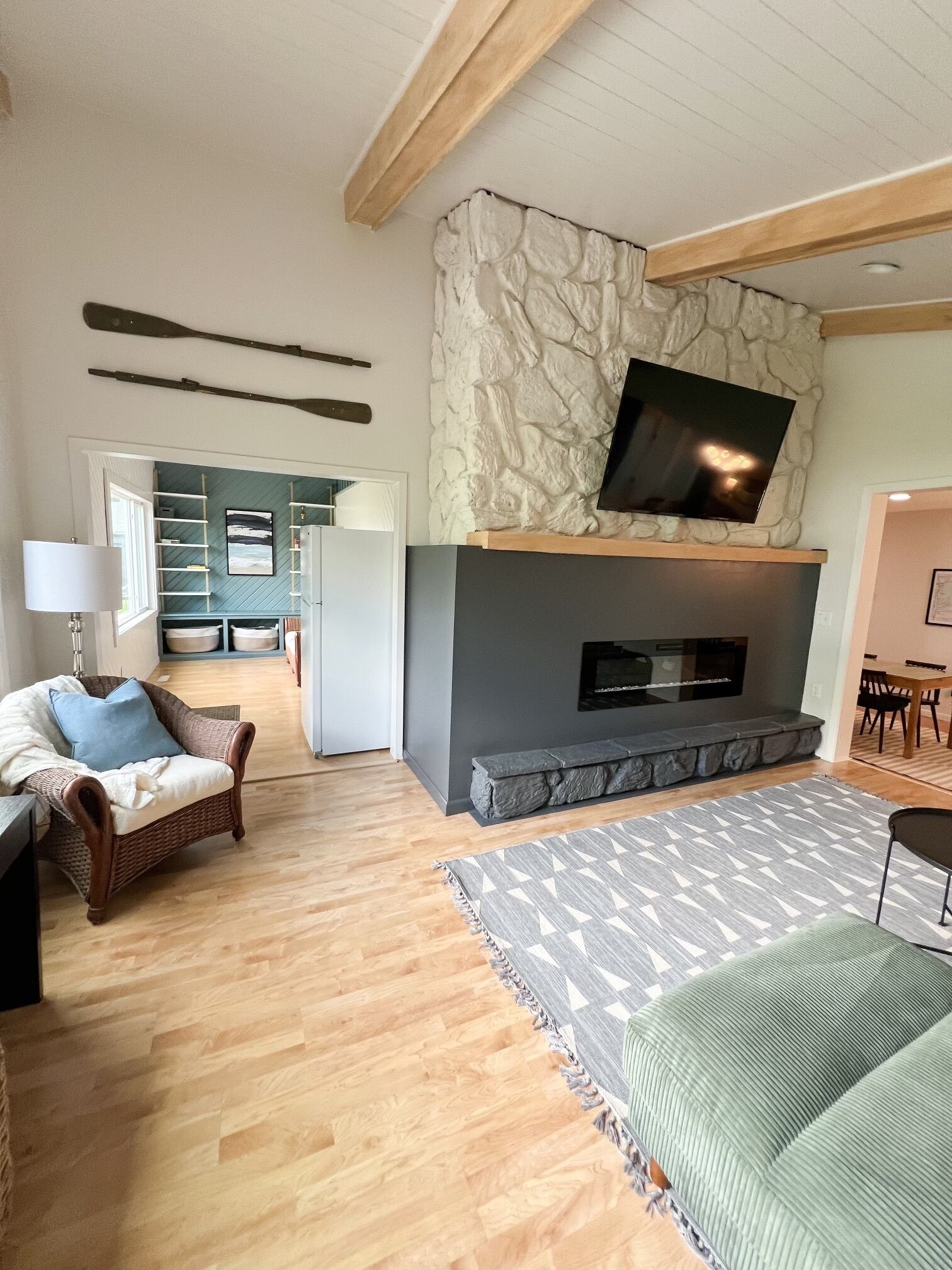 Smart TV, fireplace, books