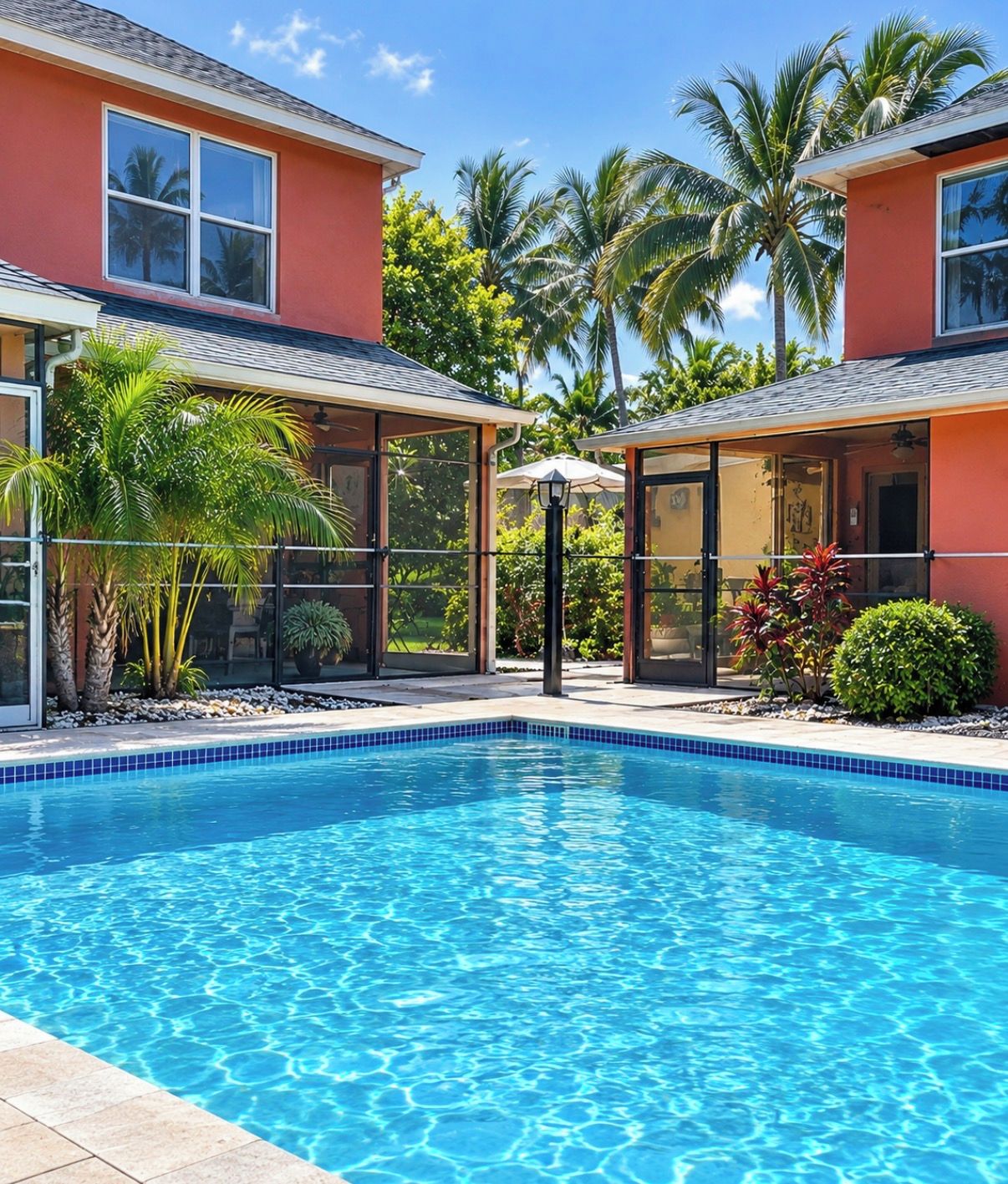 A swimming pool with a tiled edge, surrounded by a covered patio area with glass walls.