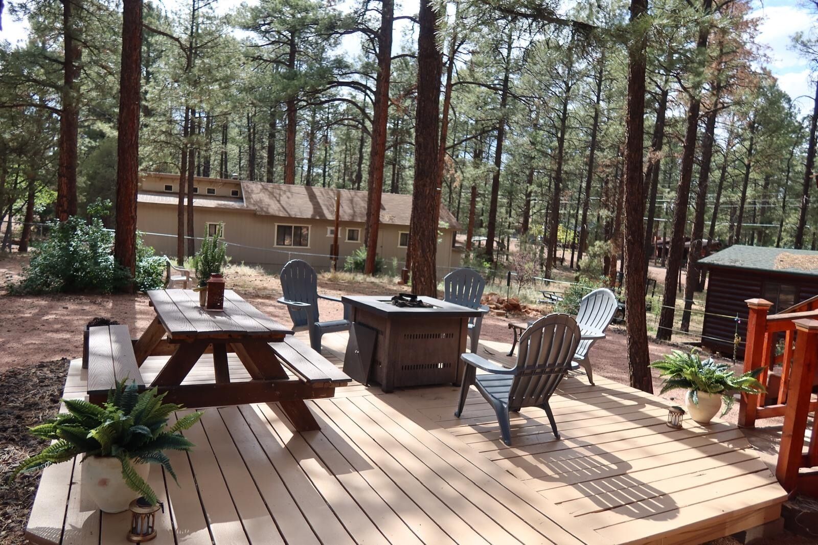 A wooden deck with picnic tables and chairs, surrounded by tall trees.
