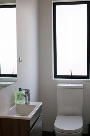 Dusch, hårtork, handdukar och tvål