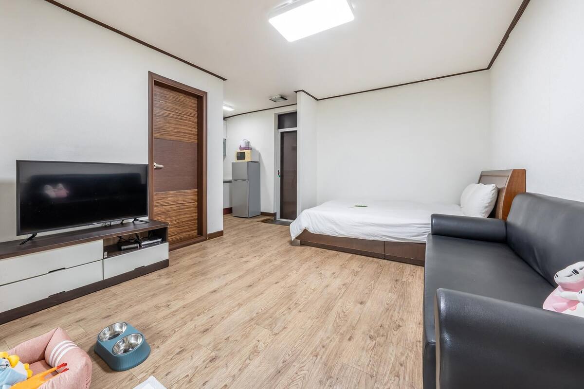 A modern, well-lit room with a flat-screen TV, a sofa, a bed, and a small kitchenette area.