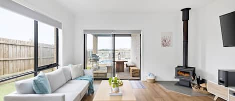 Télévision, cheminée, lecteur de DVD, livres