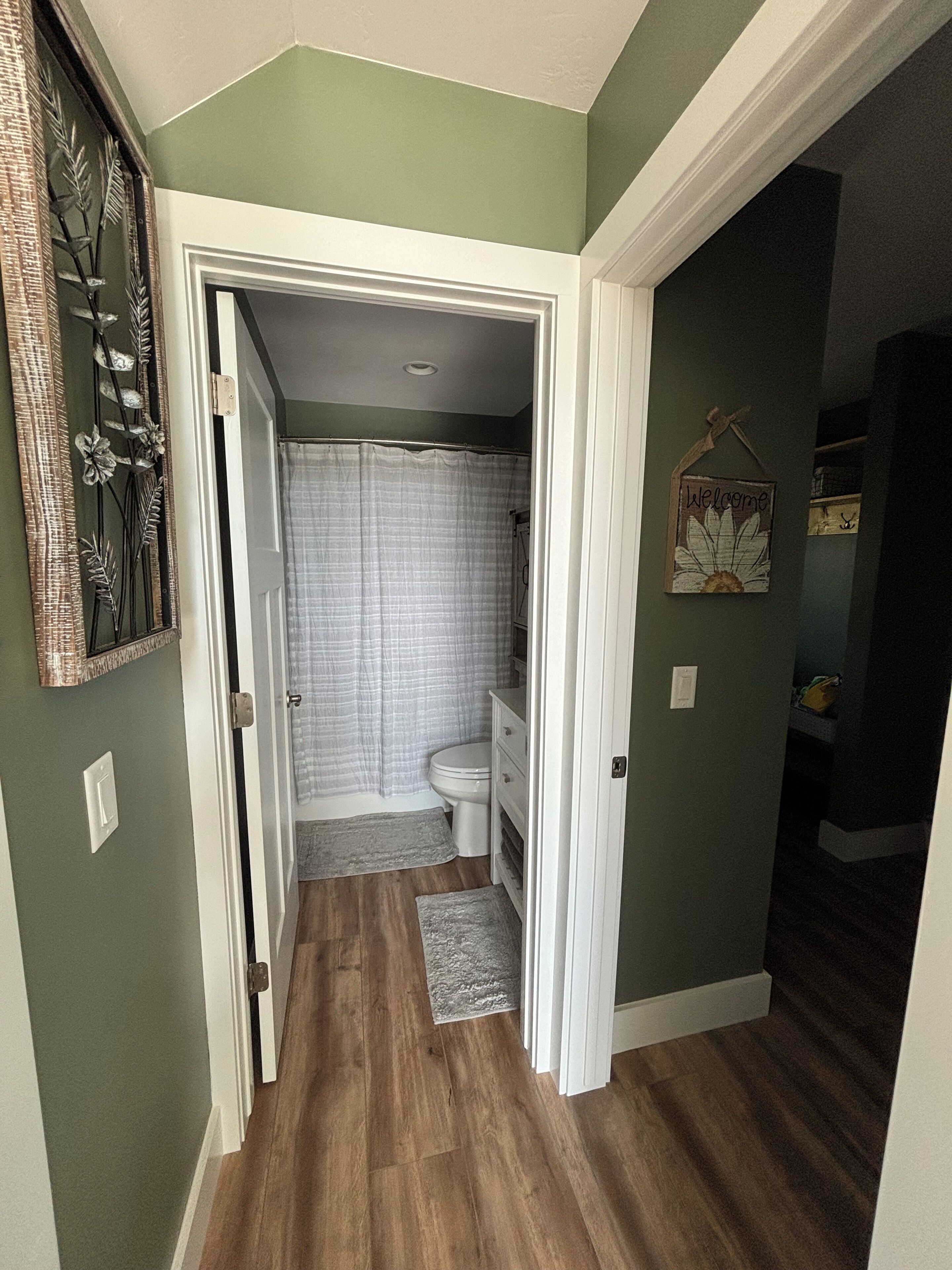 A narrow hallway leading to a bathroom with a shower curtain, a toilet, and a small rug on the floor.