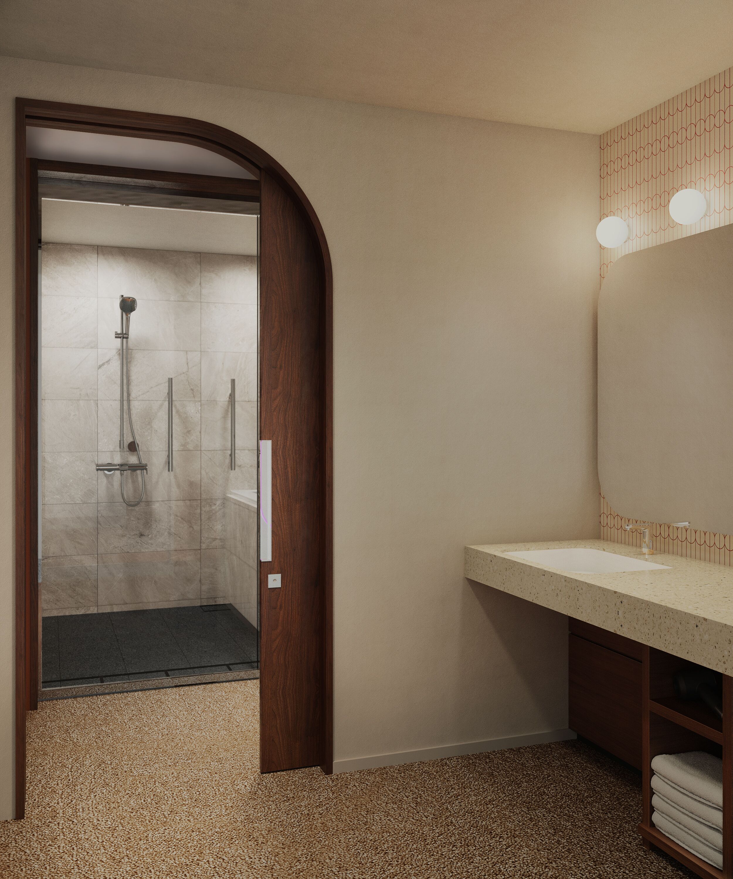 A bathroom with a shower, a sink, and a mirror.