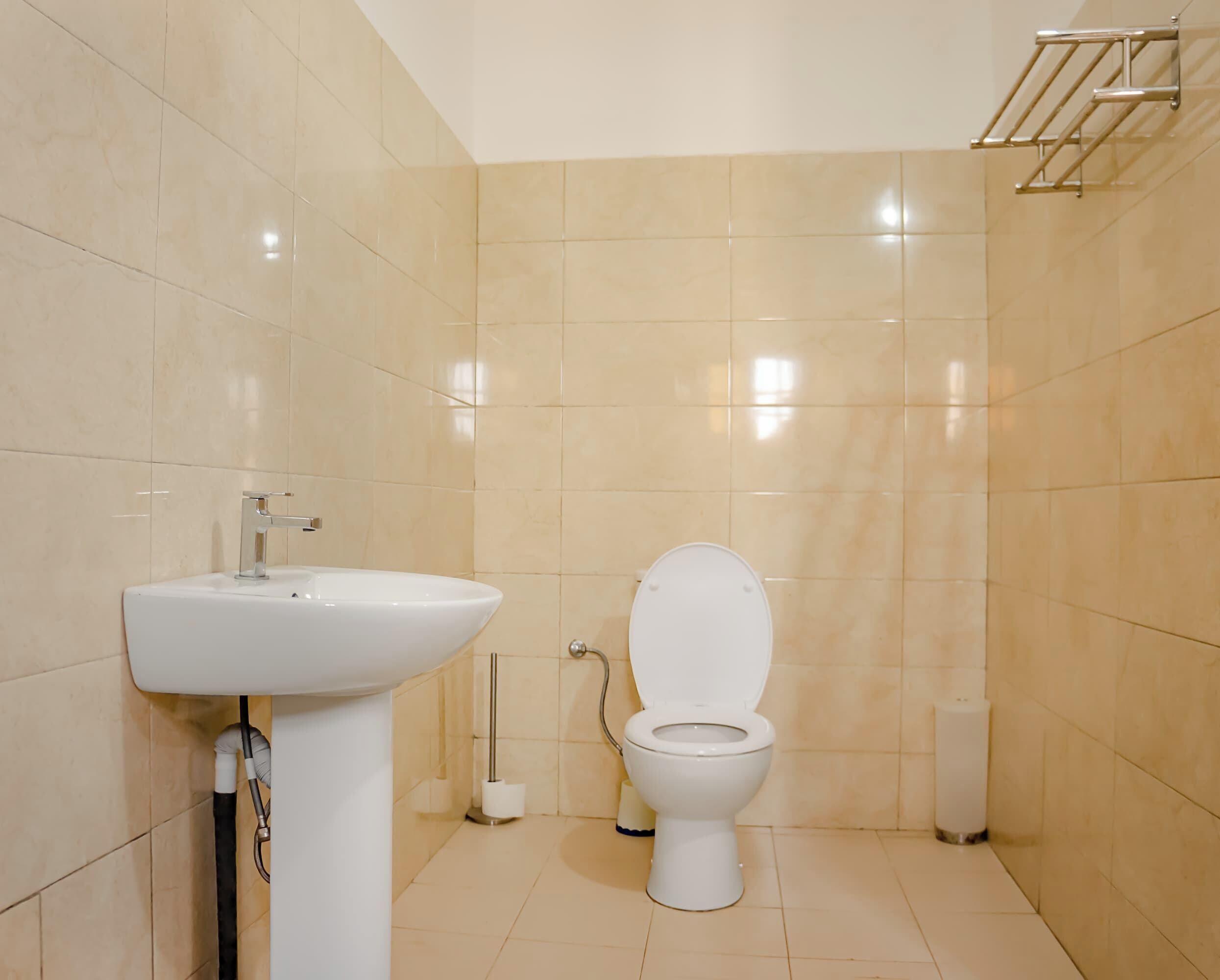 Une salle de bain avec un lavabo blanc, des toilettes et un porte-serviettes fixé au mur.
