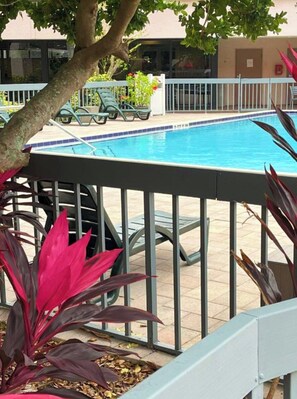 Ein Swimmingpool mit einer gefliesten Kante, umgeben von einem Metallgeländer. Im Vordergrund befinden sich Liegestühle und ein Baum.